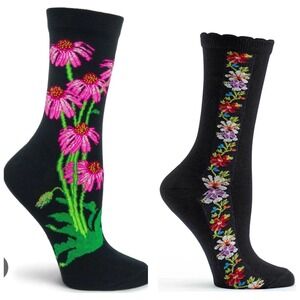 Ozone Socks Apothecary Florals Echinacea Black One Size Cotton Blend Crew